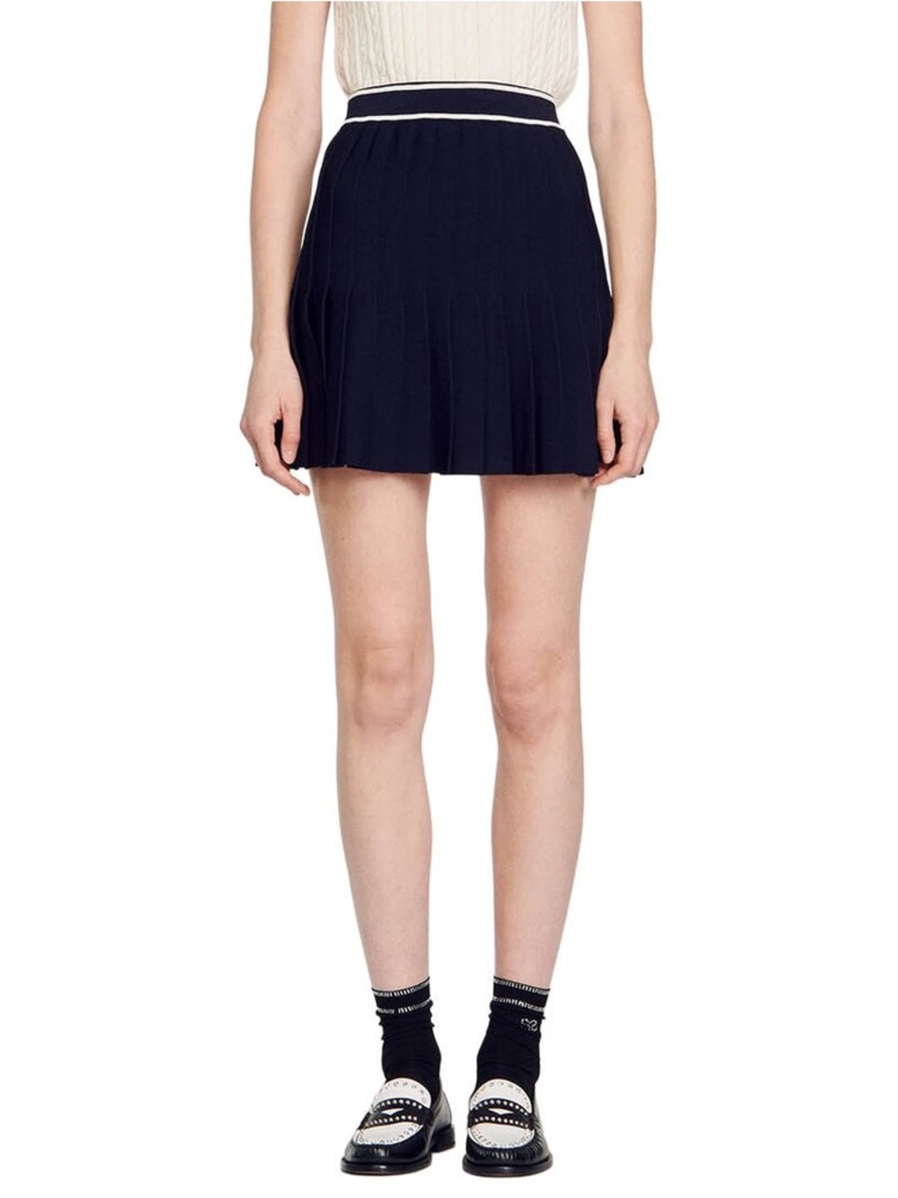 Sandro Navy Pleated Mini Skirt with White Waist Trim